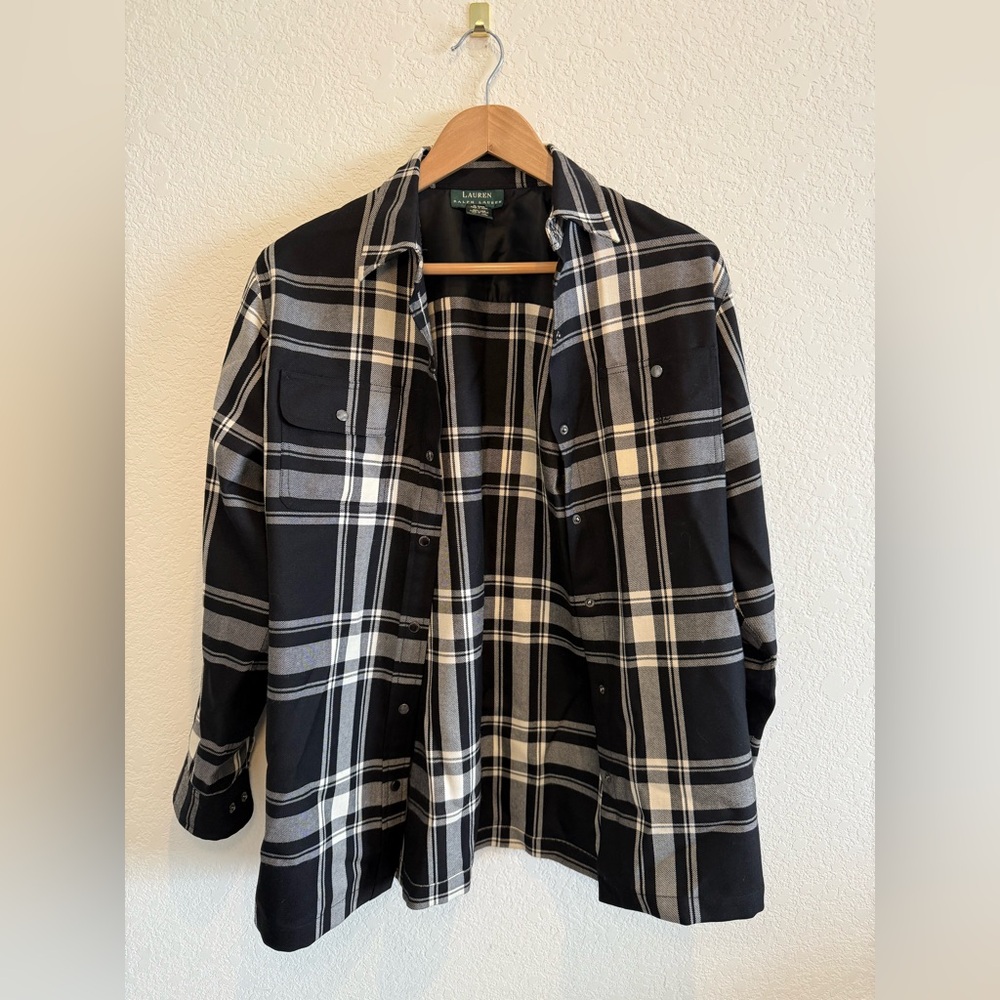 Lauren Ralph Lauren Black Plaid Button Down Shirt Jacket 100% Wool- Size Medium